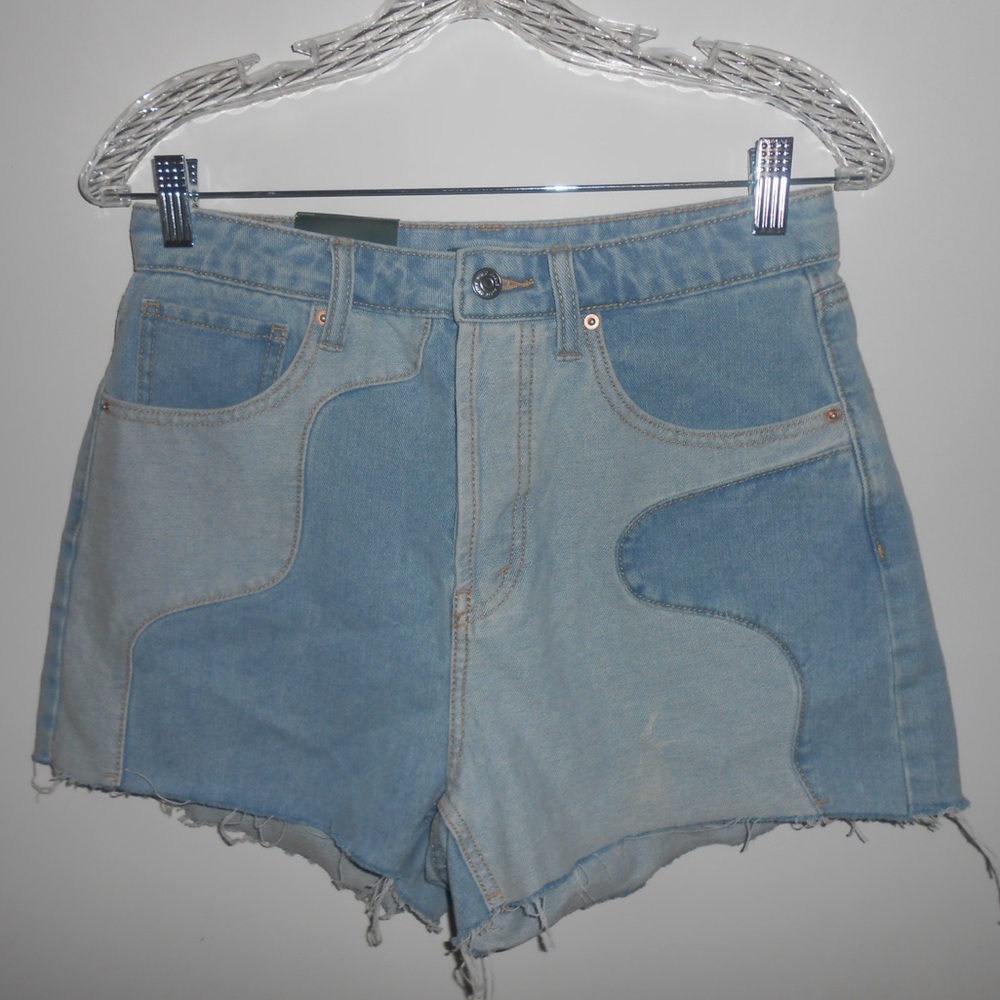 High rise patchwork denim cutoff shorts